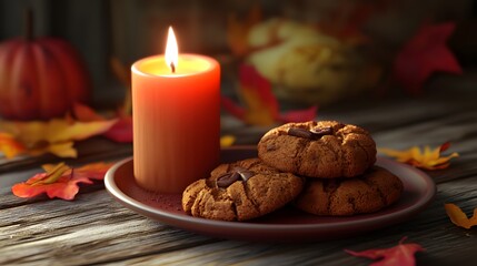 A warm autumn scene with freshly baked cookies on a plate beside a glowing candle and colorful leaves.