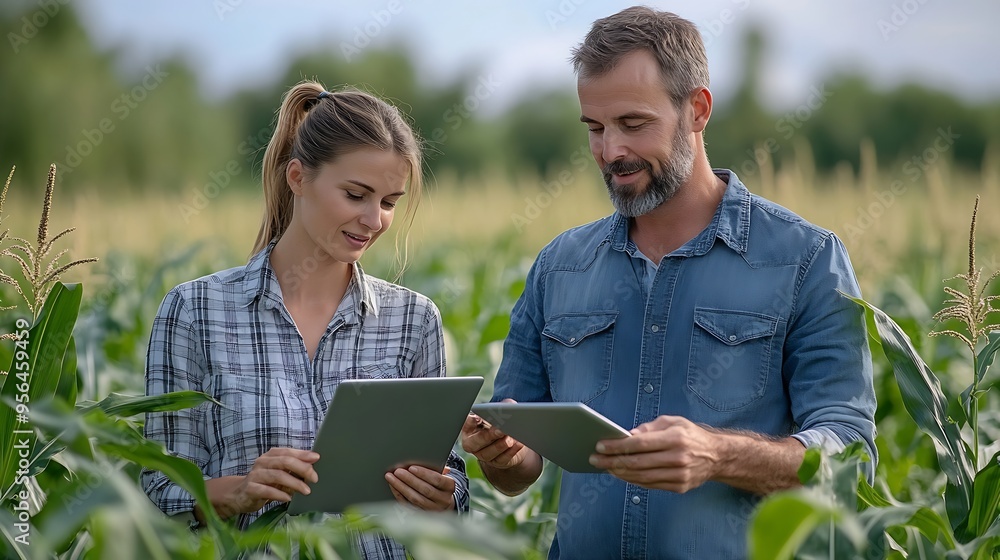 Aufkleber smart farmer couple holding laptop and digital tablet to examining quality crop of corn vegetables w