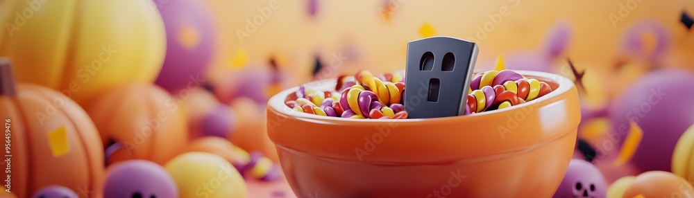 Wall mural A whimsical Halloween scene featuring a haunted house atop a bowl of colorful candy surrounded by festive decorations.