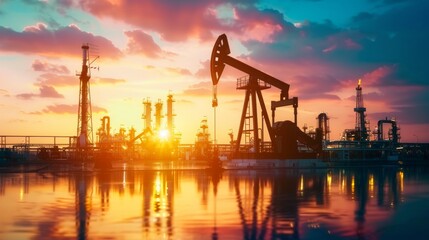 Obraz premium An industrial oil rig sits under a twilight sky, surrounded by pumps and pipelines. The scene is tranquil, with a reddish-orange glow from the setting sun.