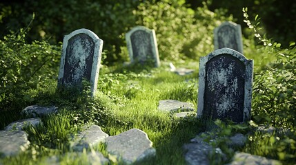 An eerie graveyard with weathered tombstones surrounded by overgrown grass and stones, capturing a haunting yet serene atmosphere.