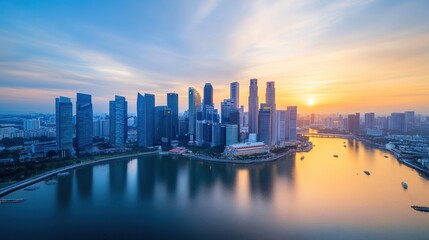 Fototapeta premium Aerial a skyline framed by a river or bay, with reflections of the buildings shimmering in the water and boats making their way across the scene