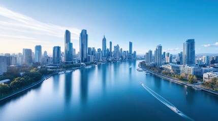 Naklejka premium Aerial a skyline framed by a river or bay, with reflections of the buildings shimmering in the water and boats making their way across the scene