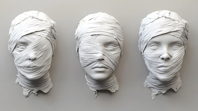 Abstract sculpture of three faces wrapped in white fabric, symbolizing mystery and transformation in a minimalist setting.
