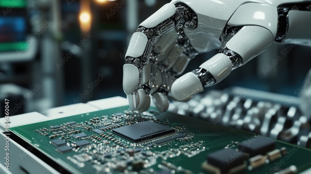 Poster an advanced artificial intelligence uses its robotic hand to interact with a circuit board in a mode