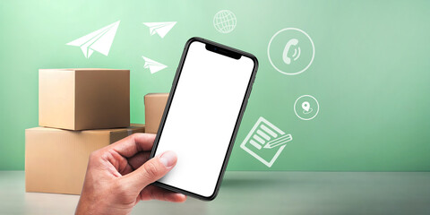 Abstract background. Smartphone concept and internet technology and urgent import and export of parcels. Green, Hand, Business, Service, Industry