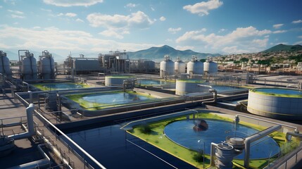 Naklejka premium A creative composition of a sustainable water treatment plant, showcasing advanced technologies for clean water supply and wastewater management.