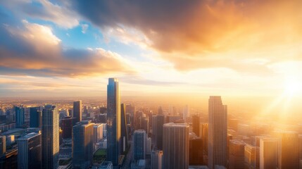 Fototapeta premium Aerial a sprawling city skyline at sunset, with towering skyscrapers casting long shadows, and the vibrant colors of the sky reflecting off the buildings