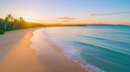 Aerial a tranquil beach at sunrise with gentle waves washing over the shore and palm trees lining the edge of the sand