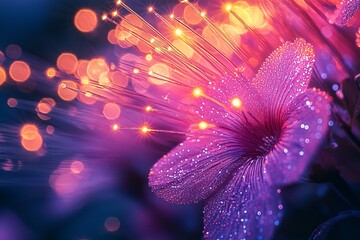 Vibrant close-up of luminous fibers and flower, ideal for technology trends, business presentations, marketing, and innovation themes, with copy space.