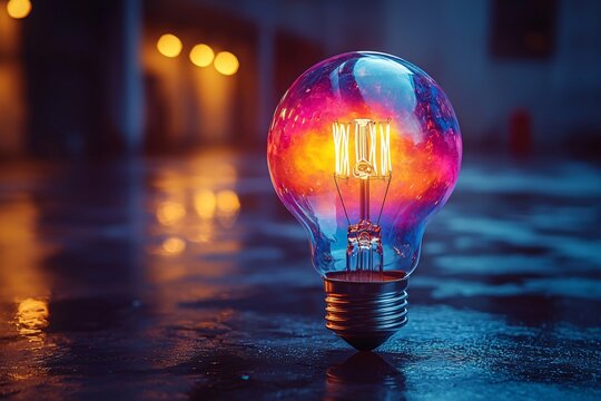 A colorful glowing idea bulb lamp symbolizes brainstorming and creative thinking for business presentations, seminars, and innovation-themed events.