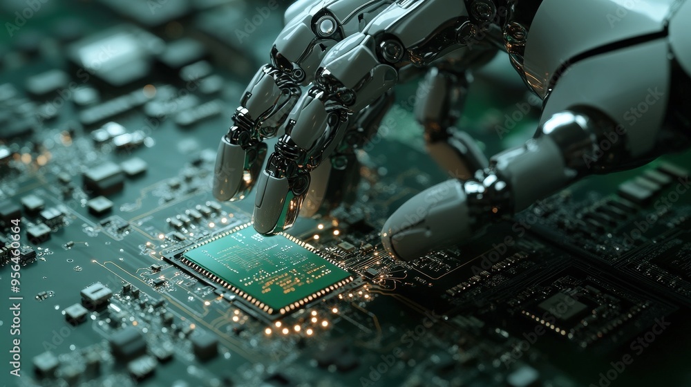 Poster an advanced ai robot is delicately handling a microprocessor on a complex circuit board, showcasing 