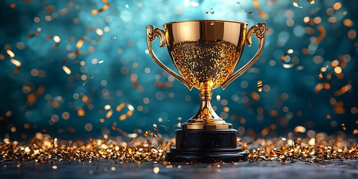 A golden trophy surrounded by streamers, symbolizing business competition and success, perfect for awards events, celebrations, and business recognition campaigns.