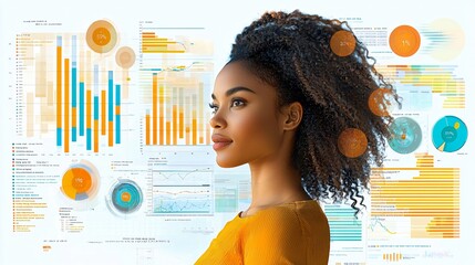 A professional woman analyzing data charts in a vibrant business setting, suitable for corporate presentations and marketing materials with copy space.