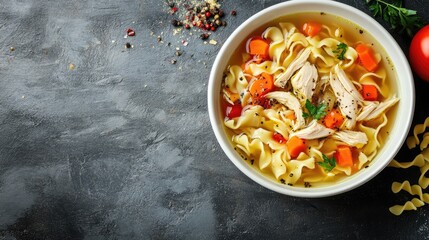 Chicken noodle soup in a bowl. A perfect image for use in food blogs, recipe websites, or advertising.