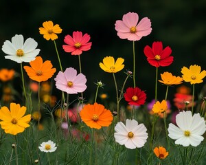 Fototapeta premium A vibrant field of colorful flowers in full bloom, showcasing shades of pink, red, orange, and white against a green background.