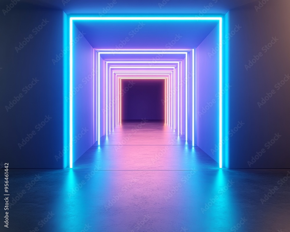 Poster a vibrant hallway illuminated with neon lights, creating a futuristic atmosphere and inviting depth 