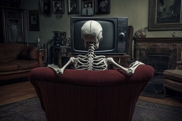 Rearview of a skeleton seated on an armchair sofa, watching a retro vintage TV. The scene reflects home entertainment, media consumption, and themes of mind control, manipulation, and propaganda.