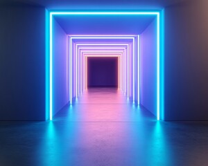 Fototapeta premium A vibrant hallway illuminated with neon lights, creating a futuristic atmosphere and inviting depth into the space.