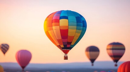 Fototapeta premium A vibrant hot air balloon ascends against a backdrop of a colorful sunrise, with other balloons in the background.