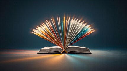 A vibrant open book with colorful pages fanning out, symbolizing knowledge and imagination, set against a dark background.