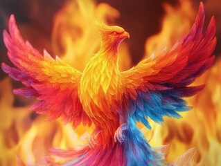 Fototapeta premium A vibrant phoenix emerges from flames, symbolizing rebirth and transformation with stunning colors of red, orange, and blue.