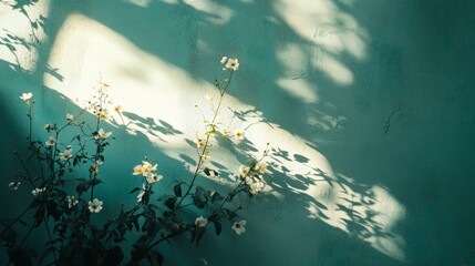Light through flowers creating a soft shadow on the blue wall
