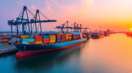 Naklejka premium A vibrant sunset view of a cargo ship docked at a busy port, surrounded by colorful containers and towering cranes.