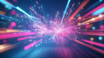 Abstract burst of colorful light streaks and particles against a dark background.