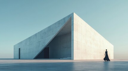 The contrast between modern architectural masterpieces and humanistic elements, the black dress of a woman in front of a concrete building showcases the harmony between sharp lines and human form.