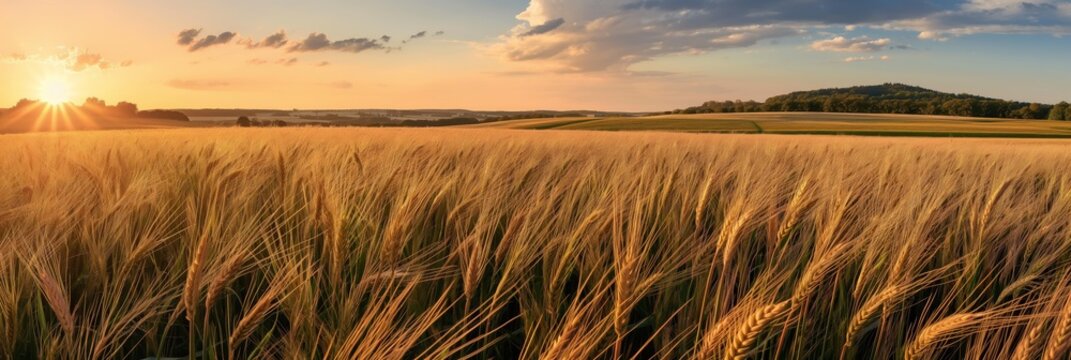 This image captures a golden wheat field bathed in the warm glow of sunset, showcasing a vast and serene scenic landscape with a distant horizon and rolling hills.