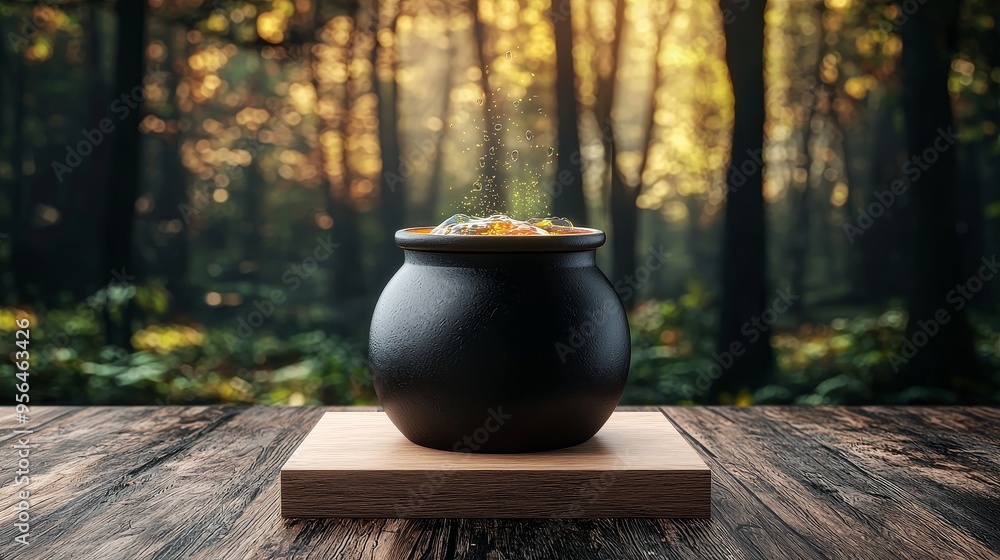 Poster halloween cauldron display mockup with magical potion and bokeh forest background.