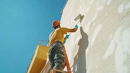 A worker paints the facade walls of a house with paint using a paint roller : Generative AI