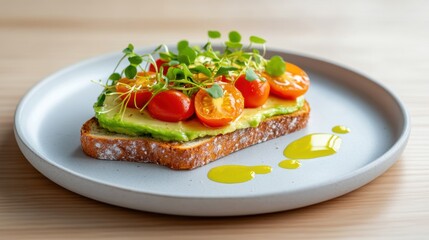 a beautifully plated vegan avocado toast topped with cherry tomatoes, microgreens, and a drizzle of olive oil, on a stylish ceramic plate