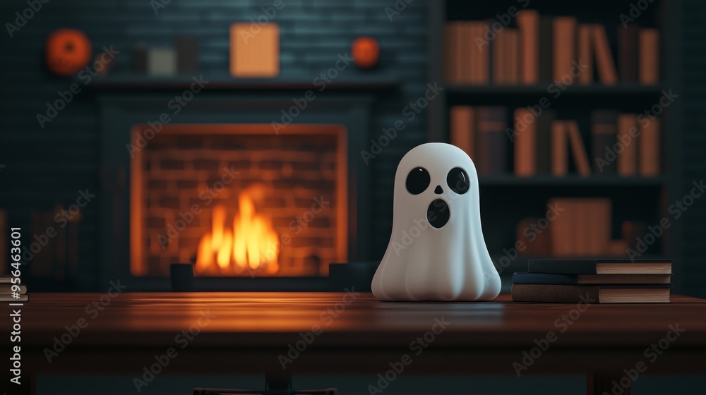 Poster spooky halloween ghost on wooden table with books, fireplace and bookshelf in background - 3d rendering.