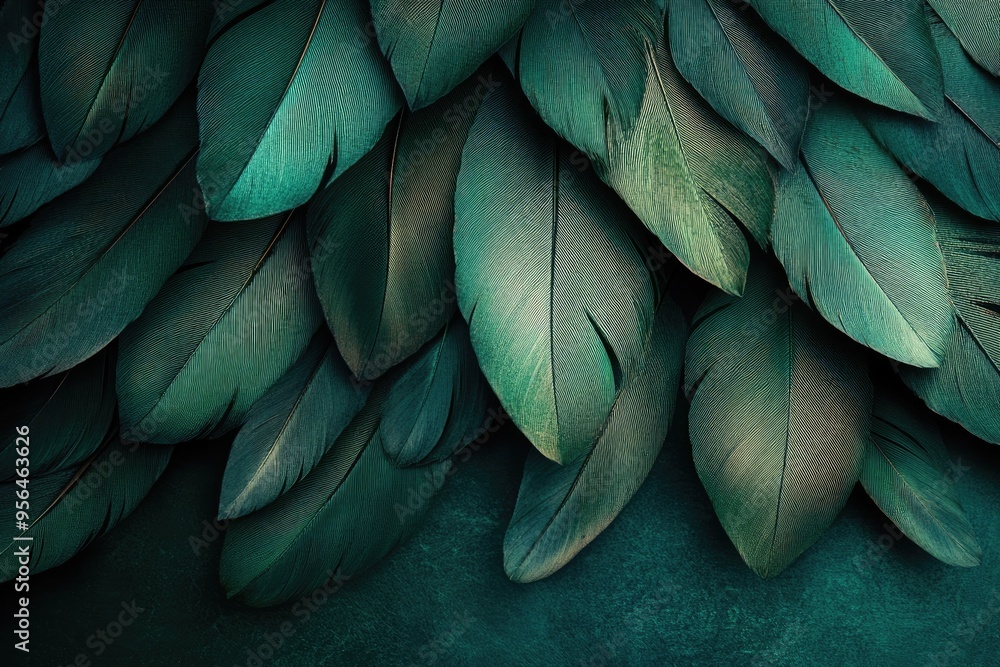 Poster a close-up shot of teal feathers. this image can be used as a background for nature-themed projects.