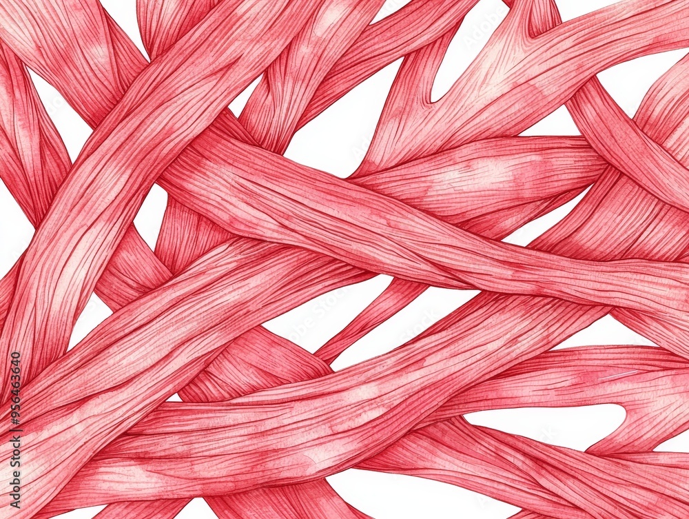 Poster abstract pattern of intertwining pink lines on a white background.