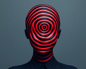 Abstract portrait of a person with a hypnotic red and black spiral pattern on their face.