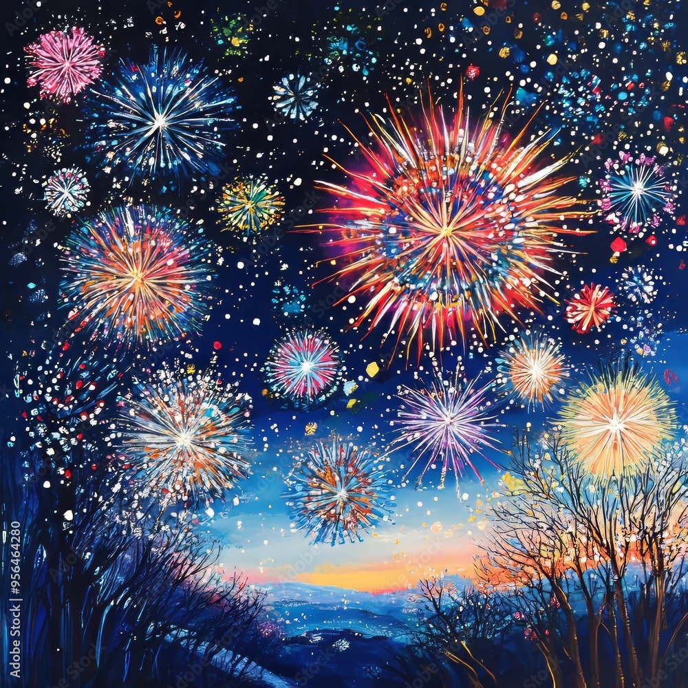 Canvas Prints A vibrant display of fireworks explodes in the night sky, illuminating a cityscape below with colorful bursts of light against a starry background.