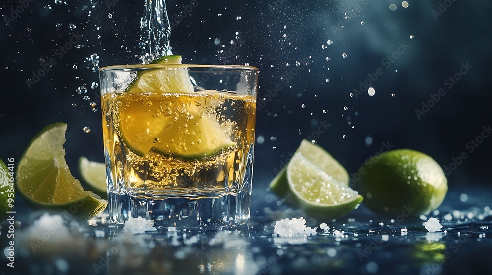Poster tequila is poured into a glass tequila shots with lime slices and sea salt on a dark blue table : ge