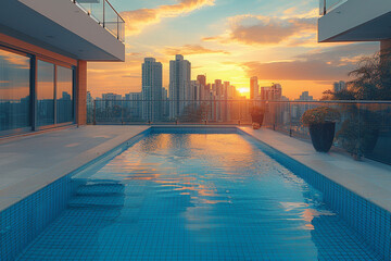 Perched on rooftop of a sleek hotel apartment building, sparkling swimming pool offers a...