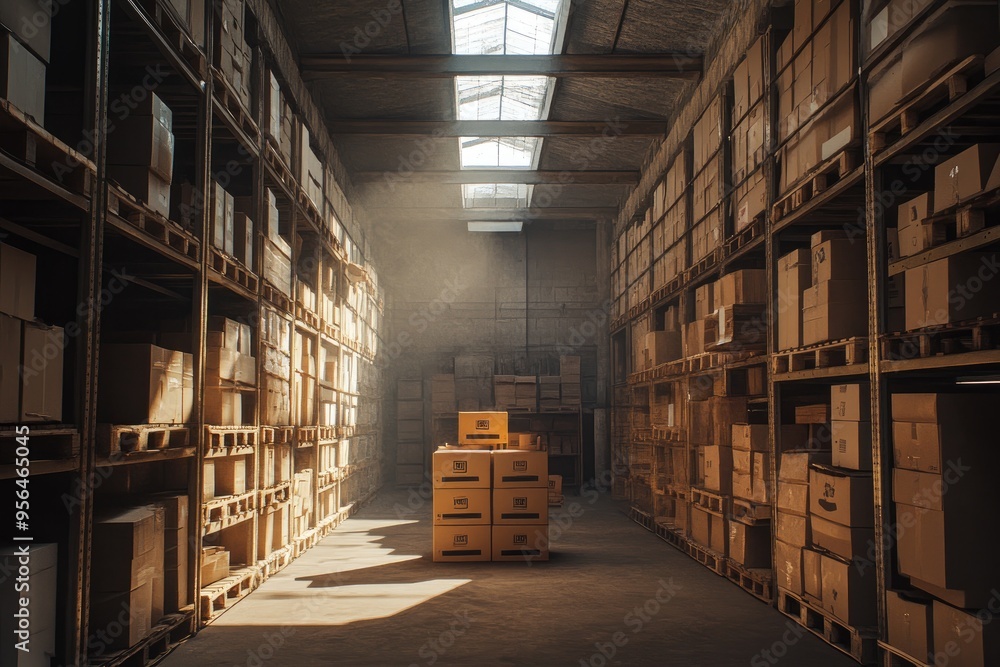 Poster warehouse with shelves full of boxes. this image is perfect for illustrating concepts like storage, 