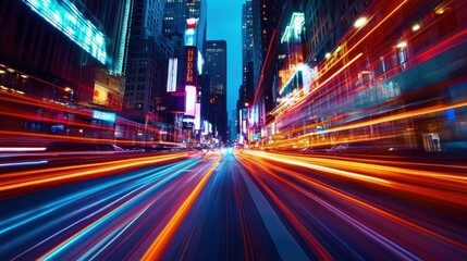 a bustling city street at night with neon signs and blurred car lights, capturing the vibrancy of urban life