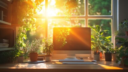Obraz premium The bright and sunny interior of the office is filled with natural light, with potted plants placed on the desktop and modern computers and windows. Create a fresh and pleasant atmosphere.