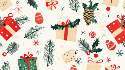 Simple trendy Christmas pattern with pine cones, holly leaves, presents, ornaments. Light background. Generative AI