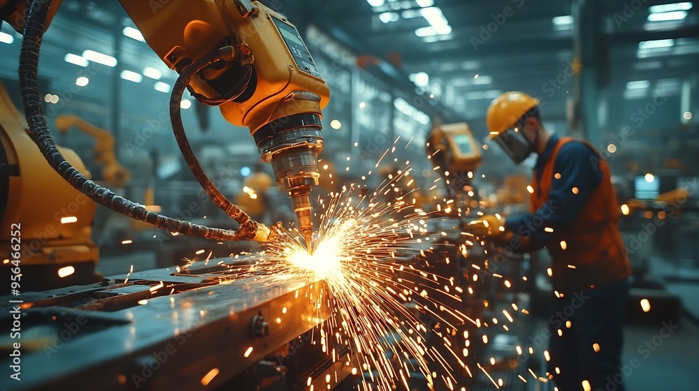 Poster Engineer team service robot welding working in automation factory People worker in safety suit work robotic arm software programming or replacing part in automated manufacturing indust : Generative AI