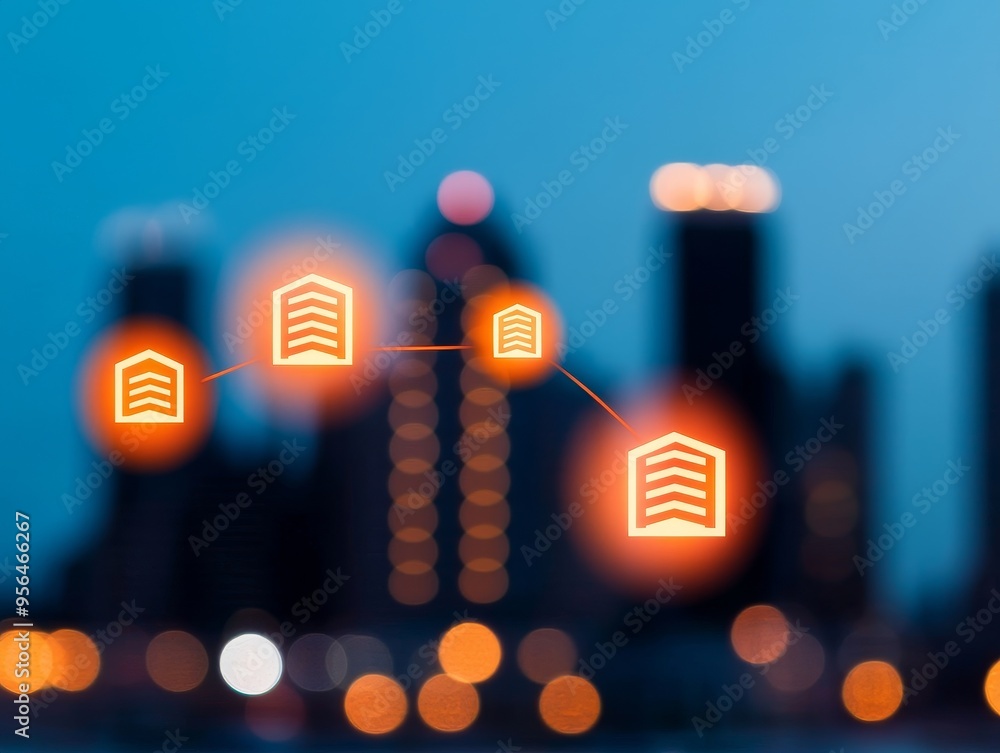 Poster abstract building network icon over cityscape, digital technology communication concept, digital net