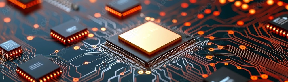 Poster high-tech abstract background with golden processor and red circuitry on a black motherboard