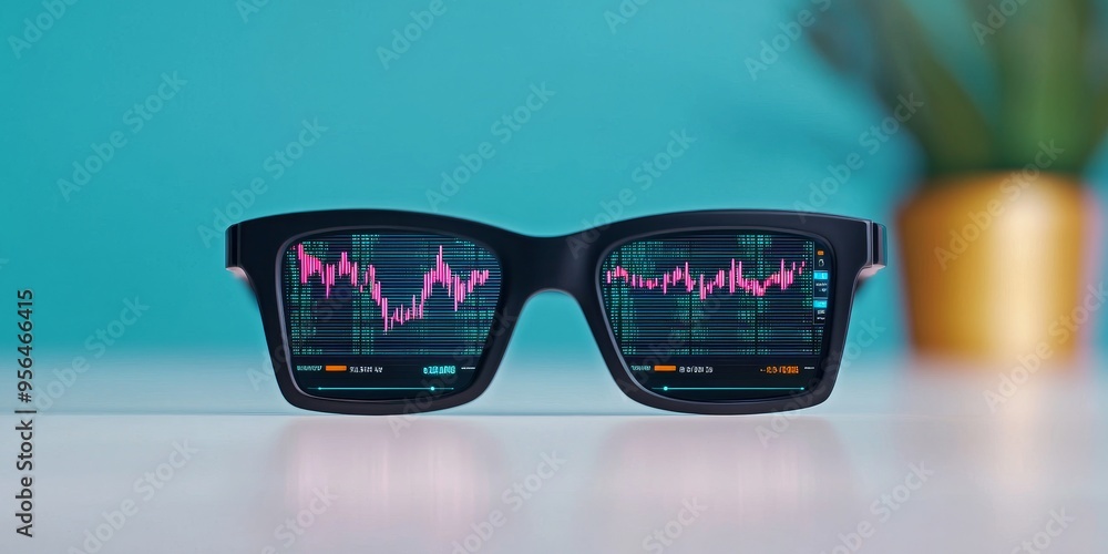 Poster futuristic smart glasses displaying stock market data with a blurred background for technology and b