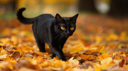 A black cat play in a fall park with leaves 